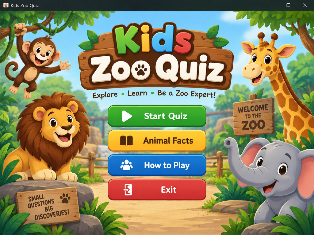 Kids Zoo Quiz project interface with animal-themed quiz menu